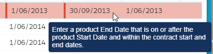 Screenshot showing the cursor hovering over a field in a line that contains invalid data and a validation message.