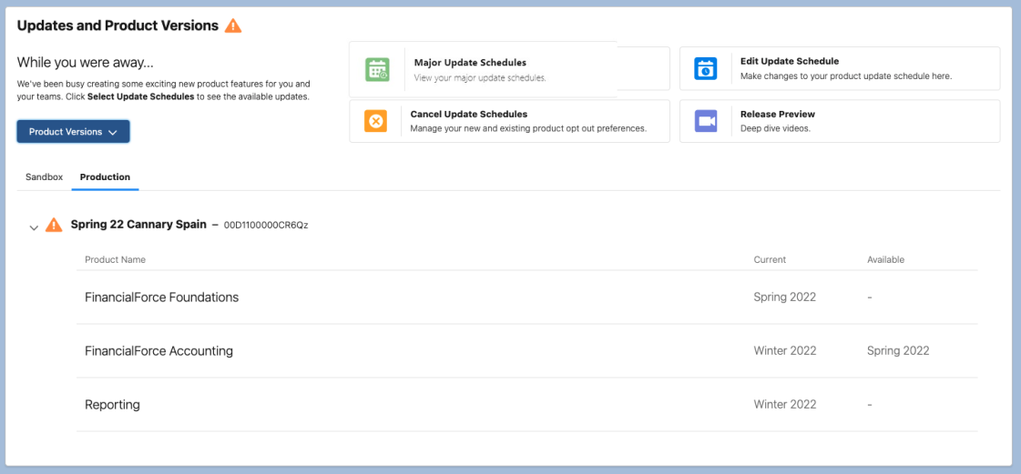 Image showing the updates and product versions page and the product versions drop-down.