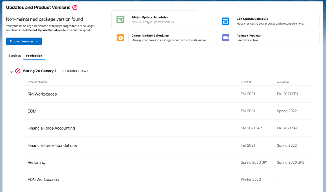 Image showing the updates and product versions page and a non maintained product version symbol.