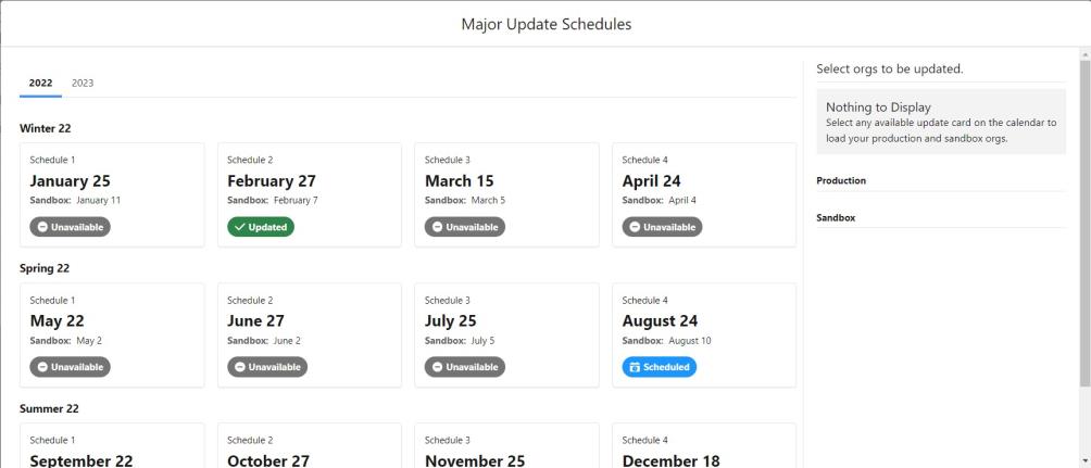 Illustration of the majot update schedules page showing the available update options for each major release.