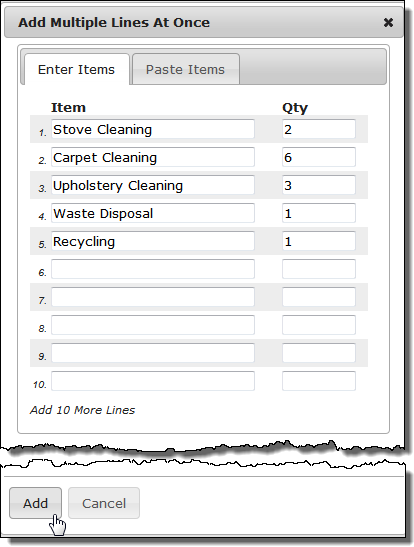 Entering the item name and quantity for each new line.