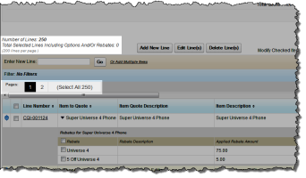 Selecting the page of customer quotation lines to view.