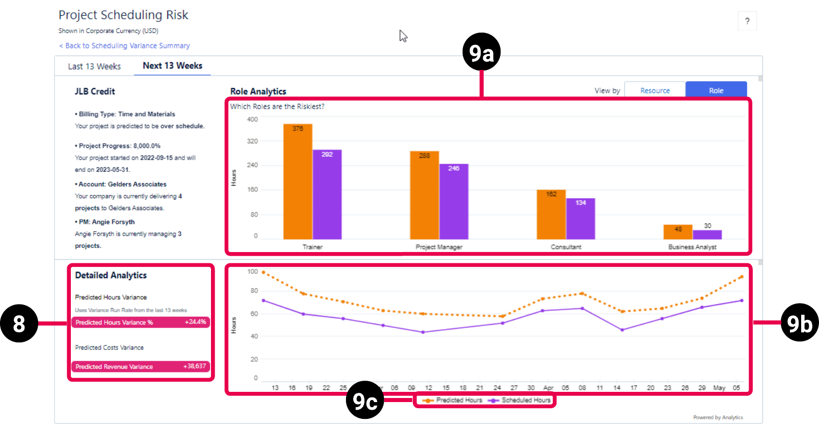 Project Details view of the PSA Project Scheduling Risk dashboard highilghting the key elements of the role view for the next 13 weeks.