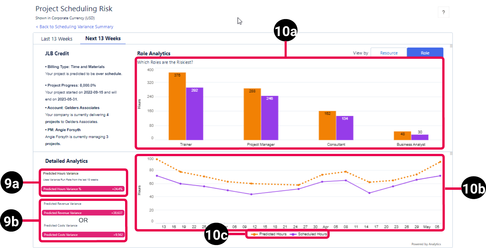 Project Details view of the PSA Project Scheduling Risk dashboard schematic highlighting the key elements of the role view for the next 13 weeks.