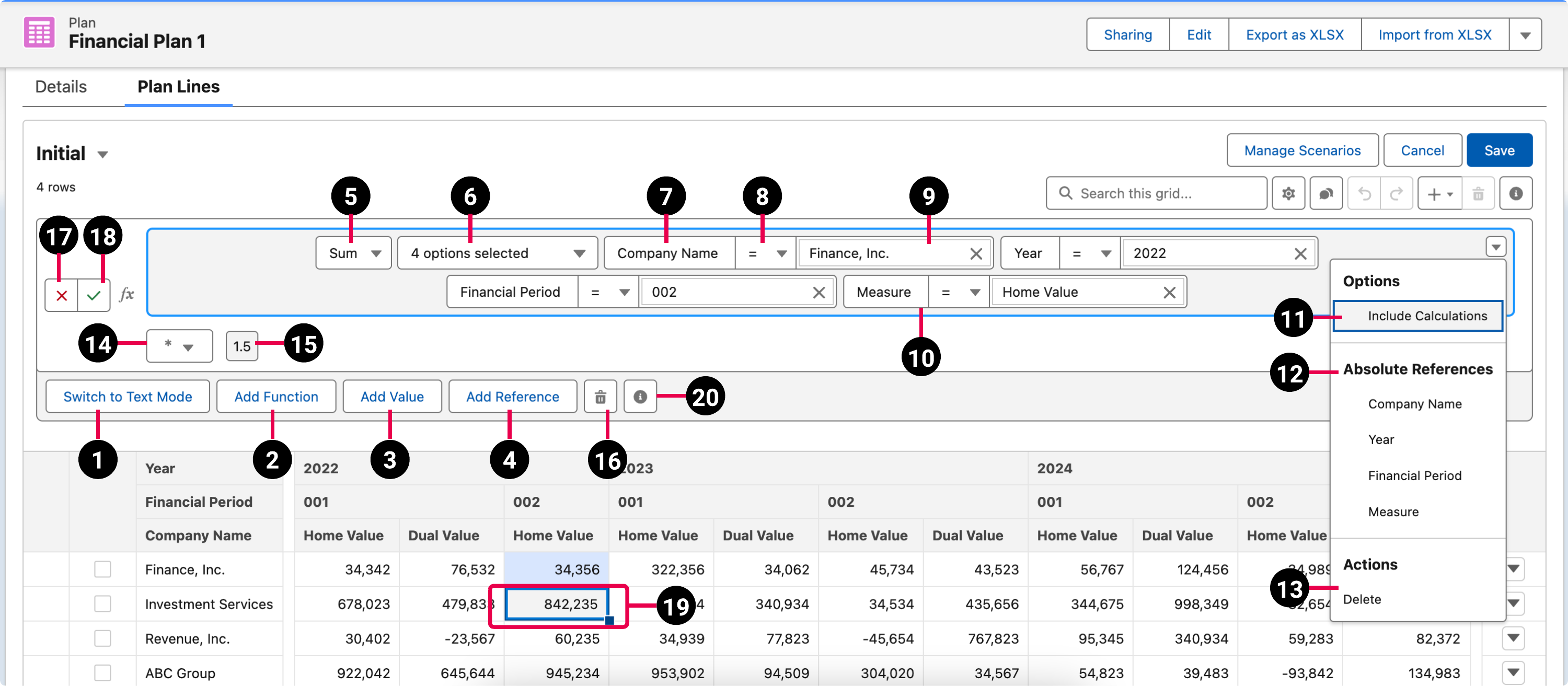 The Formula Builder image details the parts of the Formula Builder user interface.