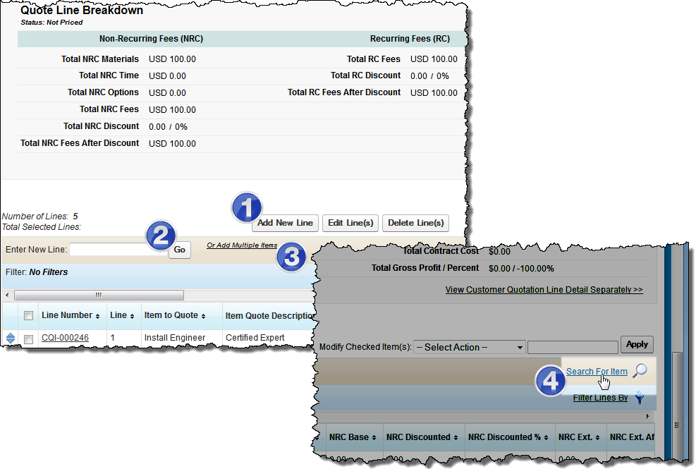 Adding lines to a customer quotation.