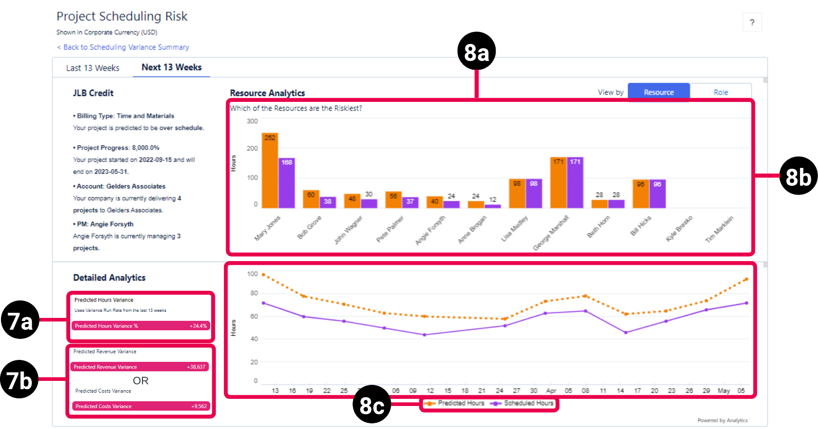 Project Details view of the PSA Project Scheduling Risk dashboard schematic highlighting the key elements of the resource view for the next 13 weeks.